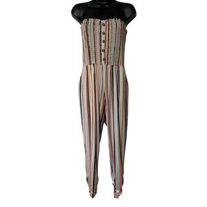 Full Circle Trends Womens Large Striped Smocked Strapless Jumpsuit Multicolored‎